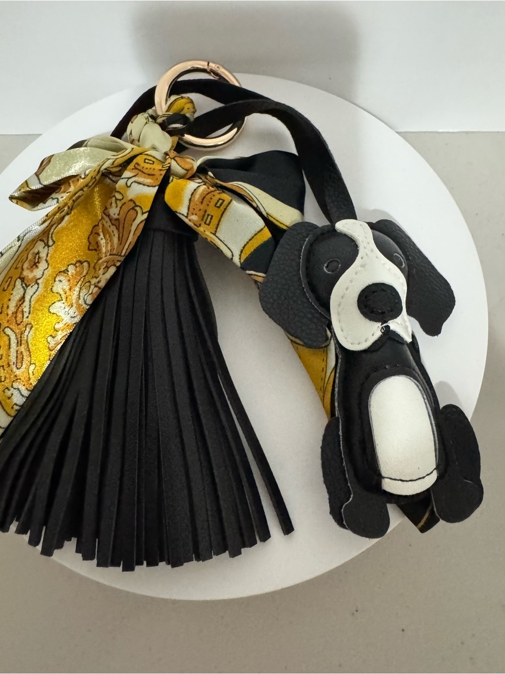 Black & White Dog Tassel Keychain with Yellow Scarf Accent